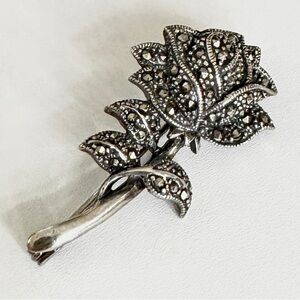 Vintage Sterling Silver & Marcasite Rose Brooch Pin